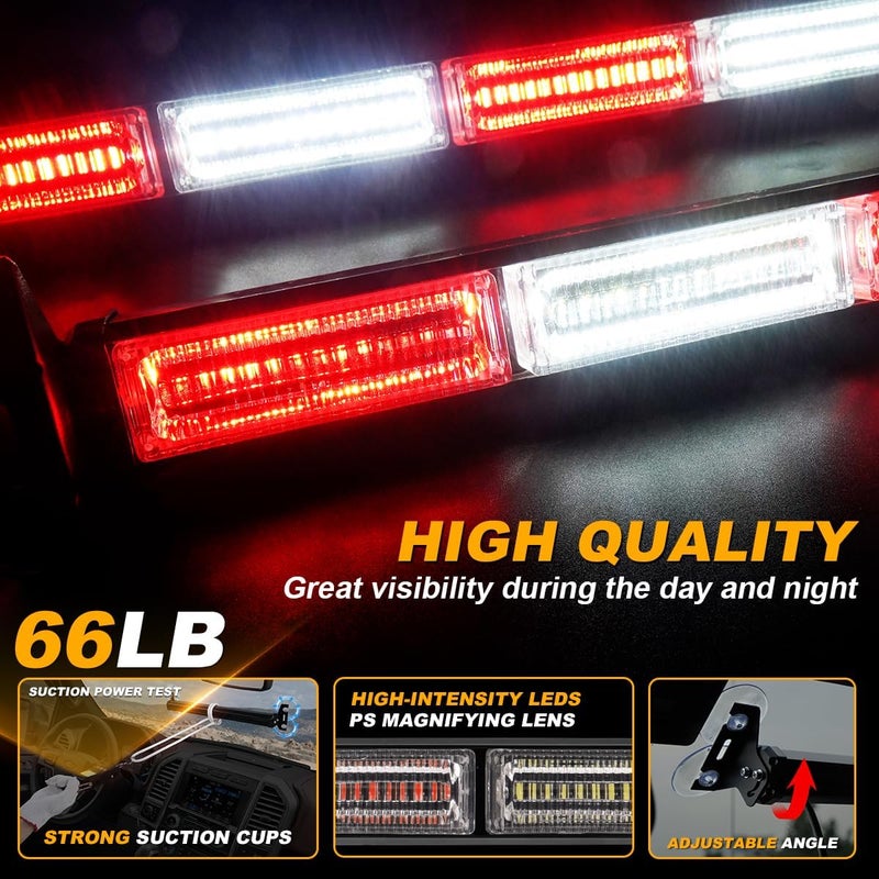 LRTER 2 in 1 Traffic Advisor Light Bar Strobe Flash Light Windshield LED Emergency Strobe Visor Safety Warning Hazard Flashing Lights for Firefighter Police Trucks, 2X 17.7 Red/White - Image 3